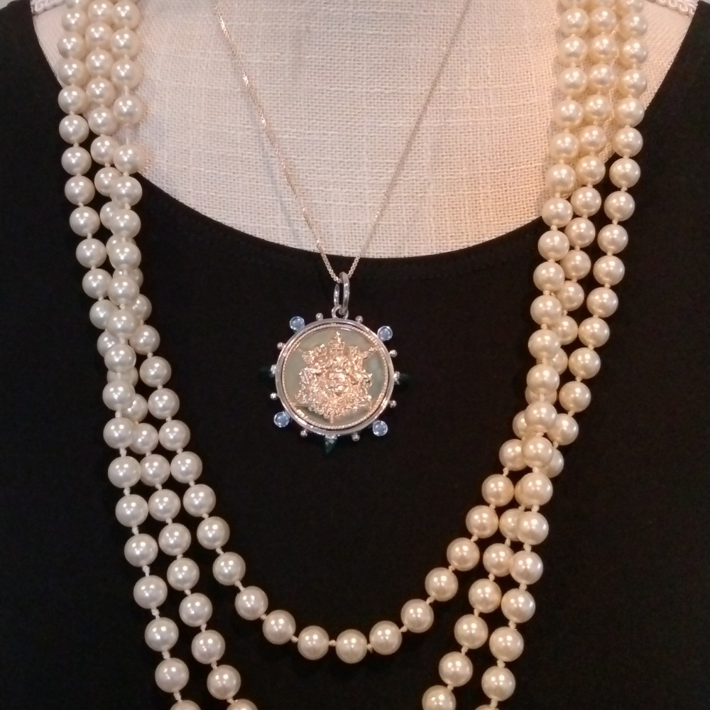 French Replica Gold coin silver bezel bluegreen gemstones On Blue Leather Chain - Picture 5 of 8